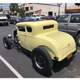 Yellow 1930 1931 30 31 Ford Model A Coupe Open Headers Louvered Decklid and lower roll panel below deck lid trunk open headers black roof insert
