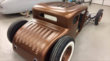 J Graham built hot rod for j schimpf 29 coupe running twisted road customs decklid and custom roof infill louvered panel by trc satin copper paint chopped 1928 1929 28